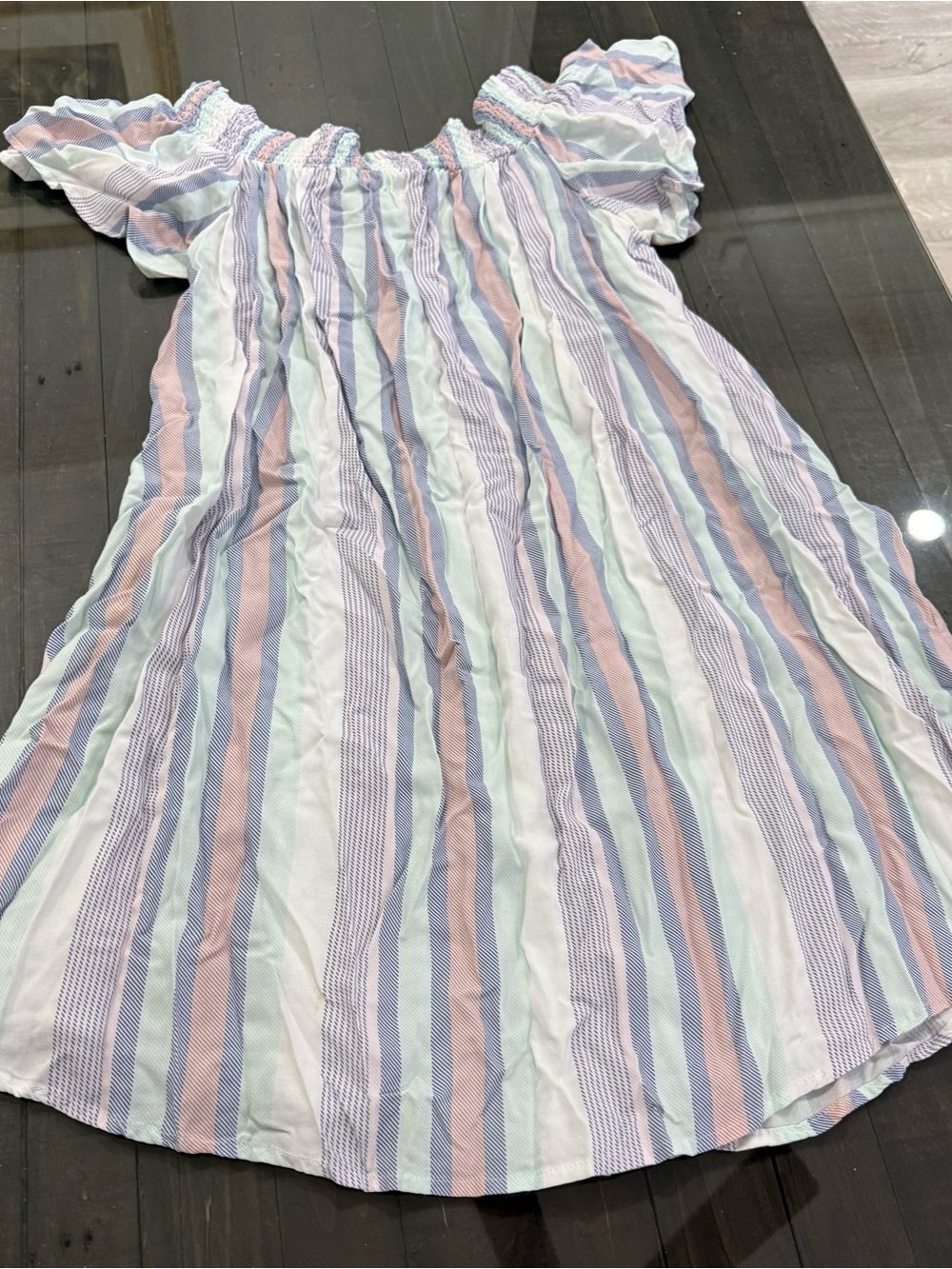 Off-Shoulder Pastel Stripe Mini Dress - Light Blue & Pink